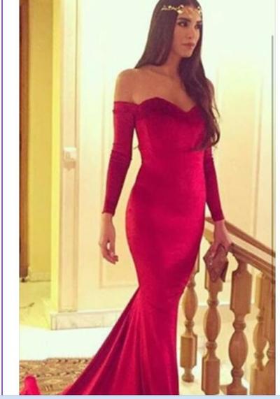 Elegant Red Prom Dress Mermaid Sweetheart Long Sleeves Satin Evening Dress Prom Dress Evening Gown