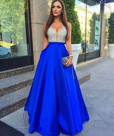 Sexy Luxury Bling Prom Dress Evening Dress A-line Royal Blue Beaded Rhinestones Satin Long Prom Dresses Evening Dresses