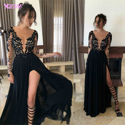 Sexy Prom Dress Evening Dress A-line Black Deep V-neck Sheer Long Sleeves with Appliques Long Prom Dresses Evening Dresses Party Gown