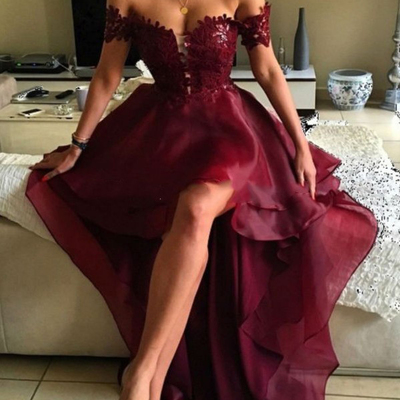 Stylish burgundy lace high low prom dress,burgundy formal dresses - Thumbnail 3