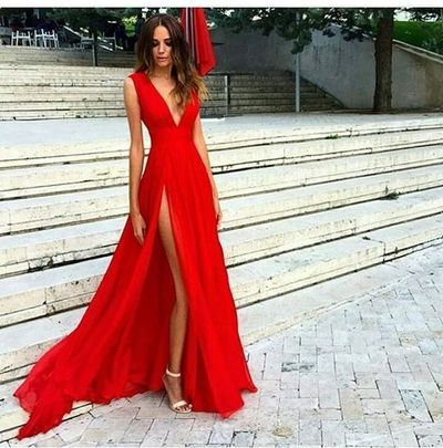 Sexy Prom Dress Hot Evening Dress Red Deep V-neck High Split Long Prom Dresses Evening Dresses Party Dress