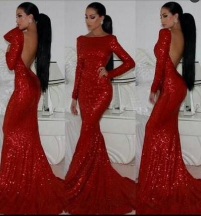 Luxury Bling Sparkle Sexy Prom Dress Evening Dress Mermaid Red Boat Neck Long Sleeves Sequins Lace Backless Evening Dresses Prom Dresses Party Dress