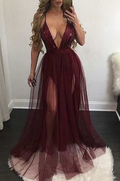 Sexy Burgundy Wine Red Prom Dress Evening Dress A-line Deep V-neck Sequins Top Long Prom Dresses Evening Dresses Party Dress