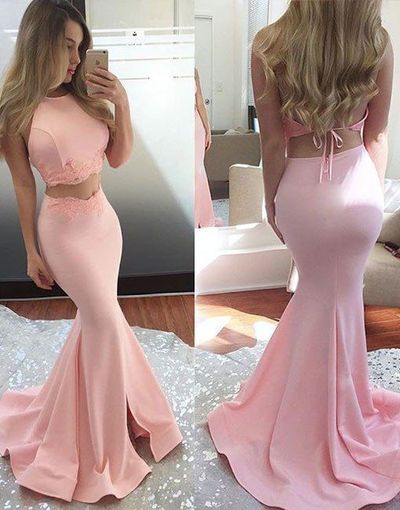 Sexy Two Pieces Prom Dress Mermaid Pink 2 Piece Prom Dresses Satin Backless Long Prom Gown Party Dress