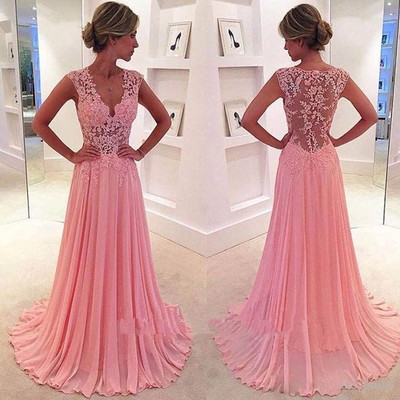 Elegant Pink Prom Dress Evening Dress A-line Lace Bodice Sheer See-through Back Chiffon Long Prom Dresses Evening Dresses Party Dress