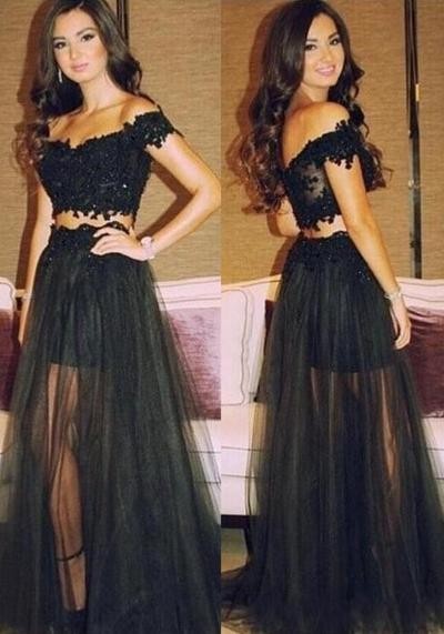 Sexy Two Pieces Prom Dress A-line Black Appliques Bodice Tulle Long 2 Pieces Prom Dress Party Dress