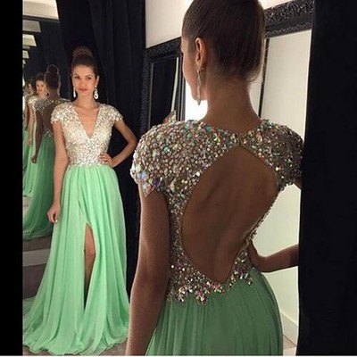 Luxury Bling Green Prom Dress Evening Dress A-line V-neck Beaded Rhinestones Open Back Chiffon Long Prom Dresses Evening Dresses Party Dress