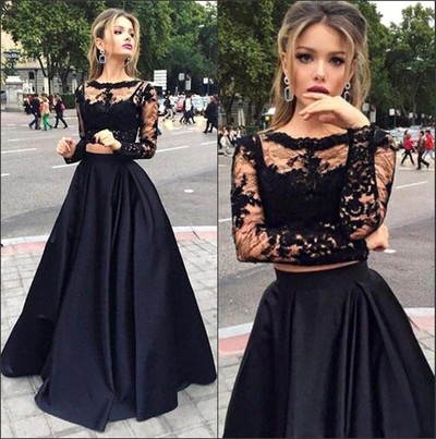 Elegant Two Pieces Prom Dress Black Lace Top Long 2 Piece Prom Dress Prom Dresses Party Dress