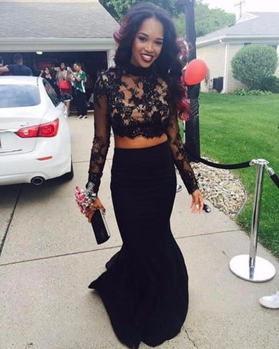 Sexy Black Girl Prom Dress Two Pieces Prom Dress Mermaid Sheer Lace Bodice Backless Long 2 Piece Prom Dresses Party Dress