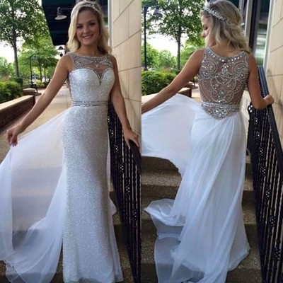 Luxury White Mermaid Prom Dress Evening Dress Sequins Lace Beaded Rhinestones Sheer Back Long Prom Dresses Evening Dresses
