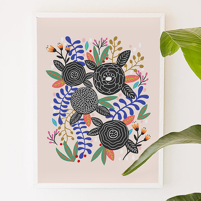 Black Botanical, flower, floral, botanic, garden, digital, illustration, art print