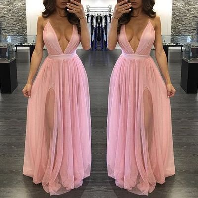 Sexy Hot Pink Prom Dress Evening Dress A-line Deep V-neck Long Prom Dresses Evening Dresses Party Dress