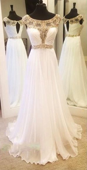 Charming Prom Dress,White Prom Dress,Chiffon Prom Dress,Beading Prom Dresses,Cap Sleeve Prom Dress Z519