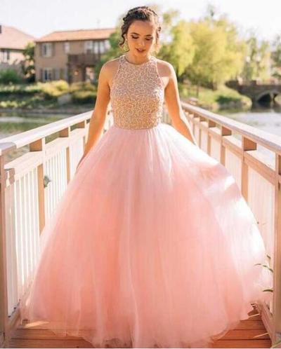 Blush Pink Tulle A line Evening Prom Dresses, Beaded Long Party Prom Dress, Custom Long Prom Dress