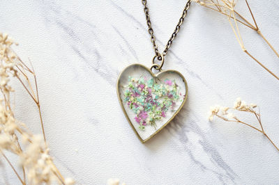Real Dried Flowers in Resin Heart Necklace in Green Mint Pink Purple