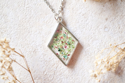 Real Pressed Flower and Resin Necklace Silver Diamond in Green, Pink, and Green Foil