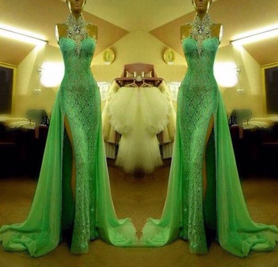 Gorgeous Green High Neck Lace Prom Dresses With Slit Sexy Mermaid Crystal Beaded vestido de formatura
