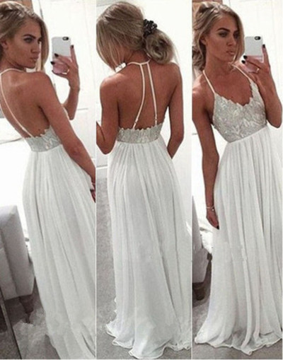 A Line prom dress,Long Chiffon White Evening Gowns ,2017 prom/evening dress,Spaghetti Strap Open Back Prom Dress