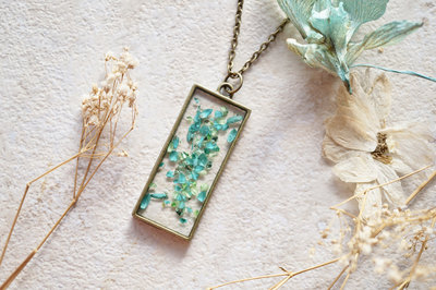Real Dried Flowers and Resin Necklace, Rectangle Teal and Mint with Teal Flakes