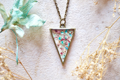 Real Dried Flowers in Resin Necklace, Triangle in Pink Blue Mint