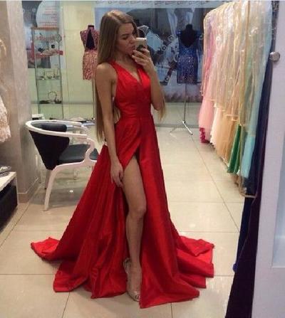 Sexy Red Prom Dress Evening Dress Halter High Split Satin Crisscross Back Long Prom Dresses Evening Dresses