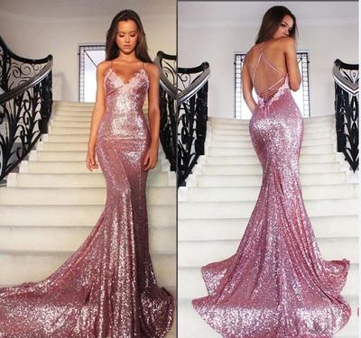 Luxury Bling Sparkle Prom Dress Evening Dress Mermaid Pink Halter Crisscross Back/Backless Long Prom Dresses Evening Dresses