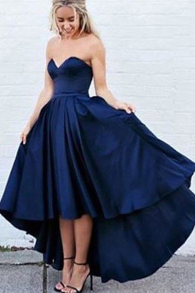 Dark Navy Hi-lo Prom Dress Sweetheart Asytermmerical Satin Prom Dresses