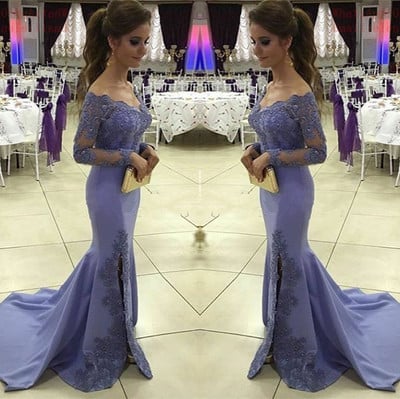 Mermaid Prom Dress,Sexy Mermaid Slit Evening Dress,Mermaid Long Sleeves Lace Wedding Guest Dress