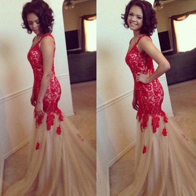 Tulle Prom Dress with Red Floral Lace, Mermaid Prom Dresses, Sleeveless V-neck Prom Dresses