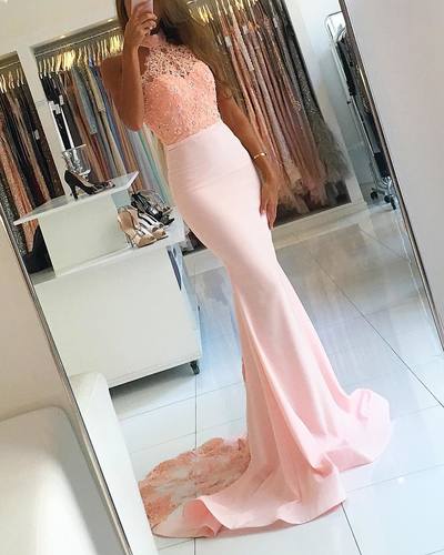 Sexy Mermaid Prom Dress,Mermaid Lace Evening Dress,Mermaid Halter Neckline Wedding Guest Dress,Mermaid Blush Lace Bridesmaid Dress