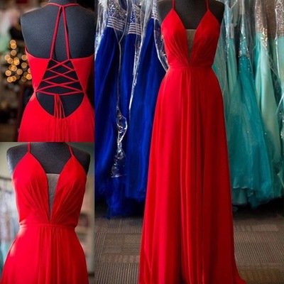Red Halter Neckline Evening Dress,A line Sexy Open Back Slit Prom Dresses