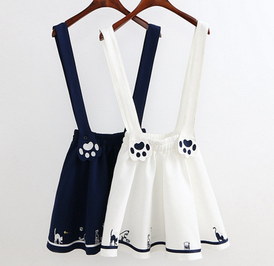 Cat Embroidered Suspender Skirt