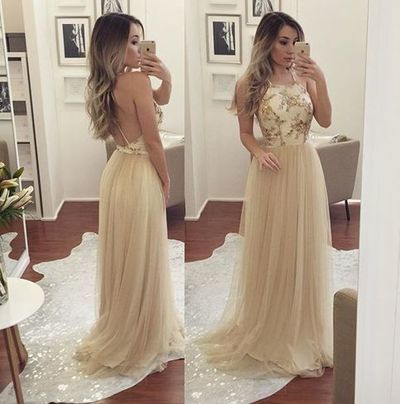 Champagne tulle long prom dress with sequins,Champagne evening dresses