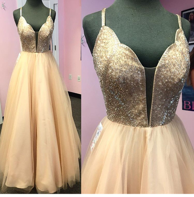 Champagne tulle long prom dress with beading,Champagne evening dresses