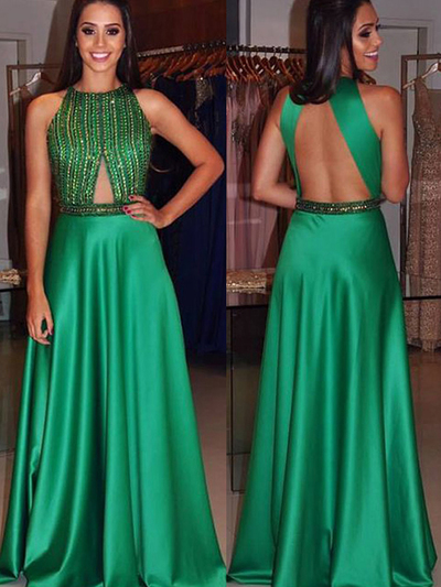 Hunter Prom Dress,A-line Scoop Floor-length Elastic Woven Satin Evening Dress MK0511