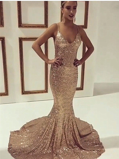 Champagne Prom Dresses,Evening Dress,Party Dresses,Mermaid Sleeveless Simple Sequined Spaghetti-Straps Prom Dress