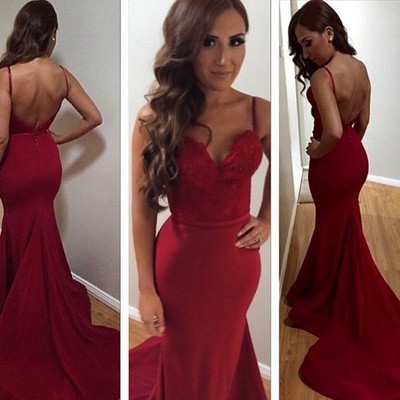 Evening Dress Prom Dress Burgundy Lace Mermaid Long Prom Dresses New Appliques Spaghetti Strap Sweep Train Backless Party Dress