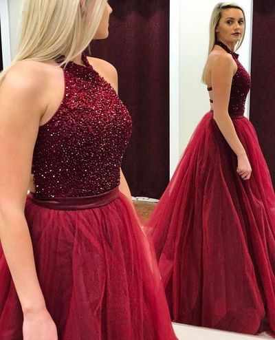 Halter Burgundy Prom Dresses, Tulle Prom Gowns, Formal Dresses, Wedding Party Dresses