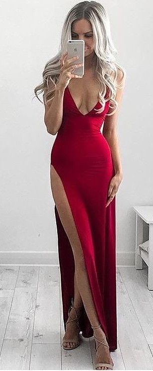 Simple Sexy Prom Dress Hot Red Prom Dresses Deep V-neck High Split Long Prom Gown