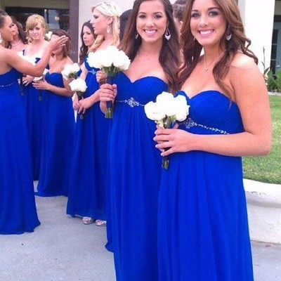 Custom Made Long Bridesmaid Dresses Sweetheart Sleeveless Zipper Sweep Train Elegant Royal Blue Chiffon A-line Bridesmaids Dress