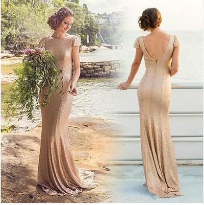 Sparkling Rose Gold Sequins Bridesmaid Dresses Honor Of Brimaid Gowns Mermaid Cap Sleeve Backless Long Gown