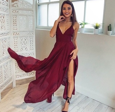 Burgundy Sexy Long V-neck Chiffon Prom Dress with Slit