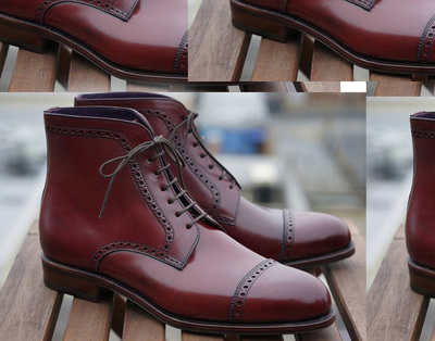 Handmade Burgundy Captoe Boots, Lace Up Formal Boots Men's