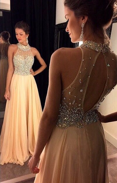 Champagne halter chiffon beaded long prom gown,evening dresses