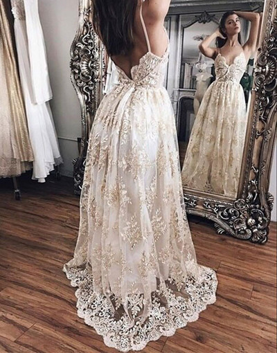 A-Line Spaghetti Straps Champagne Lace Long Prom Dress,sexy prom dress