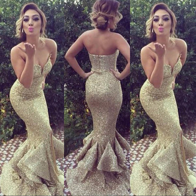 Sweetheart Sexy Mermaid Sweep Sequined Stretch Satin Long Prom Dress