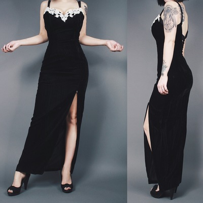 CLAIMED @theweirdstrange - Vintage 90s Black Crushed Velvet Hourglass Gown with High Slit and Lace Trim