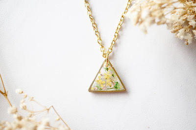 Real Dried Flowers in Resin Necklace, Gold Triangle in Pink Yellow Green