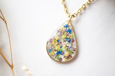 Real Dried Flowers and Resin Necklace, Gold Teardrop in Purple Yellow White Blue Green