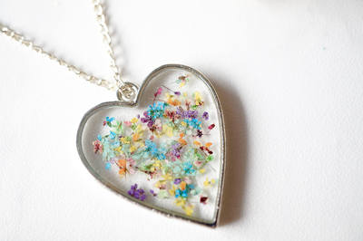 Real Dried Flowers in Resin Necklace, Silver Heart in Party Mix